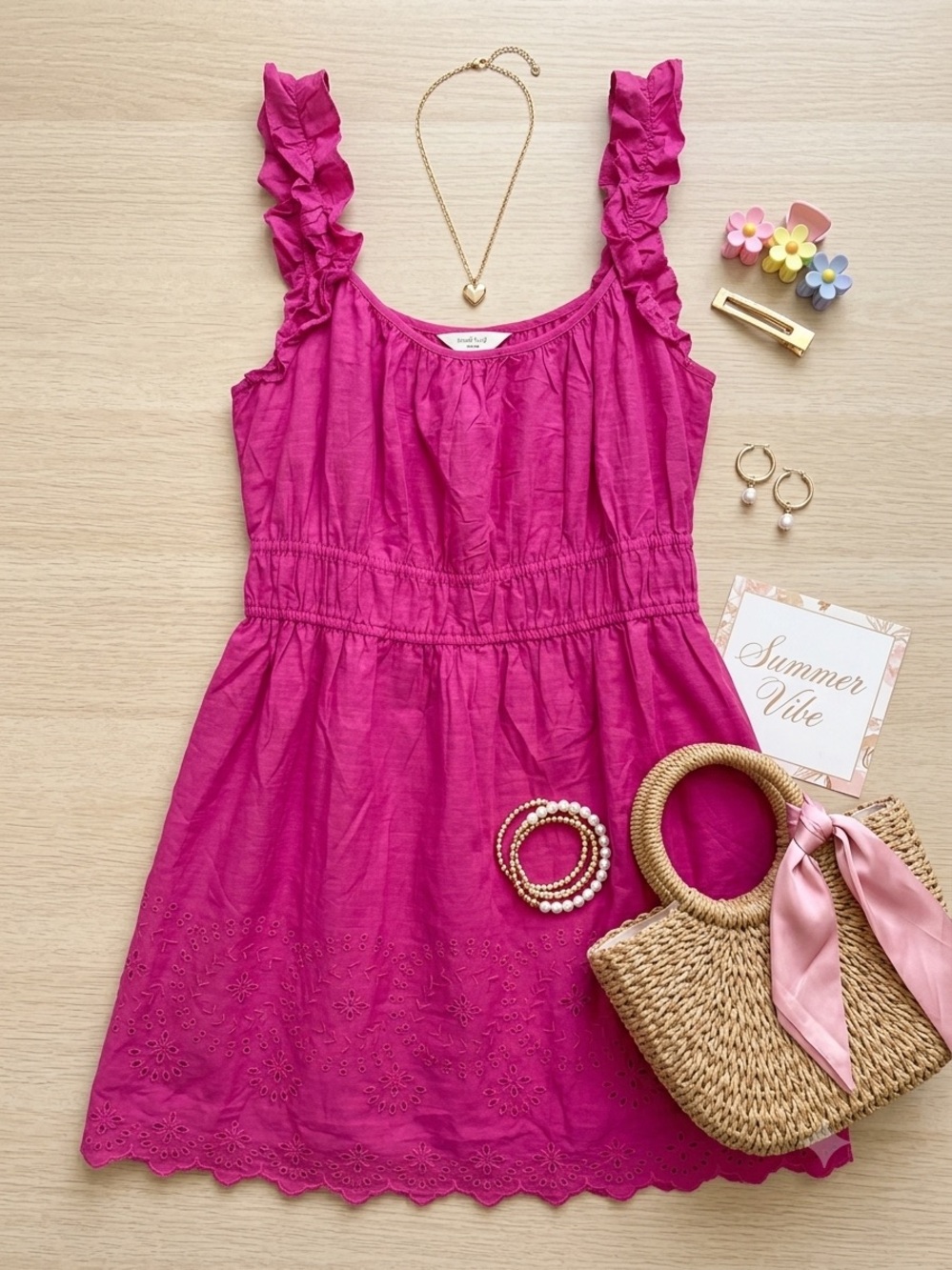 Ruffled Shoulder Summer Dress - Hot Pink